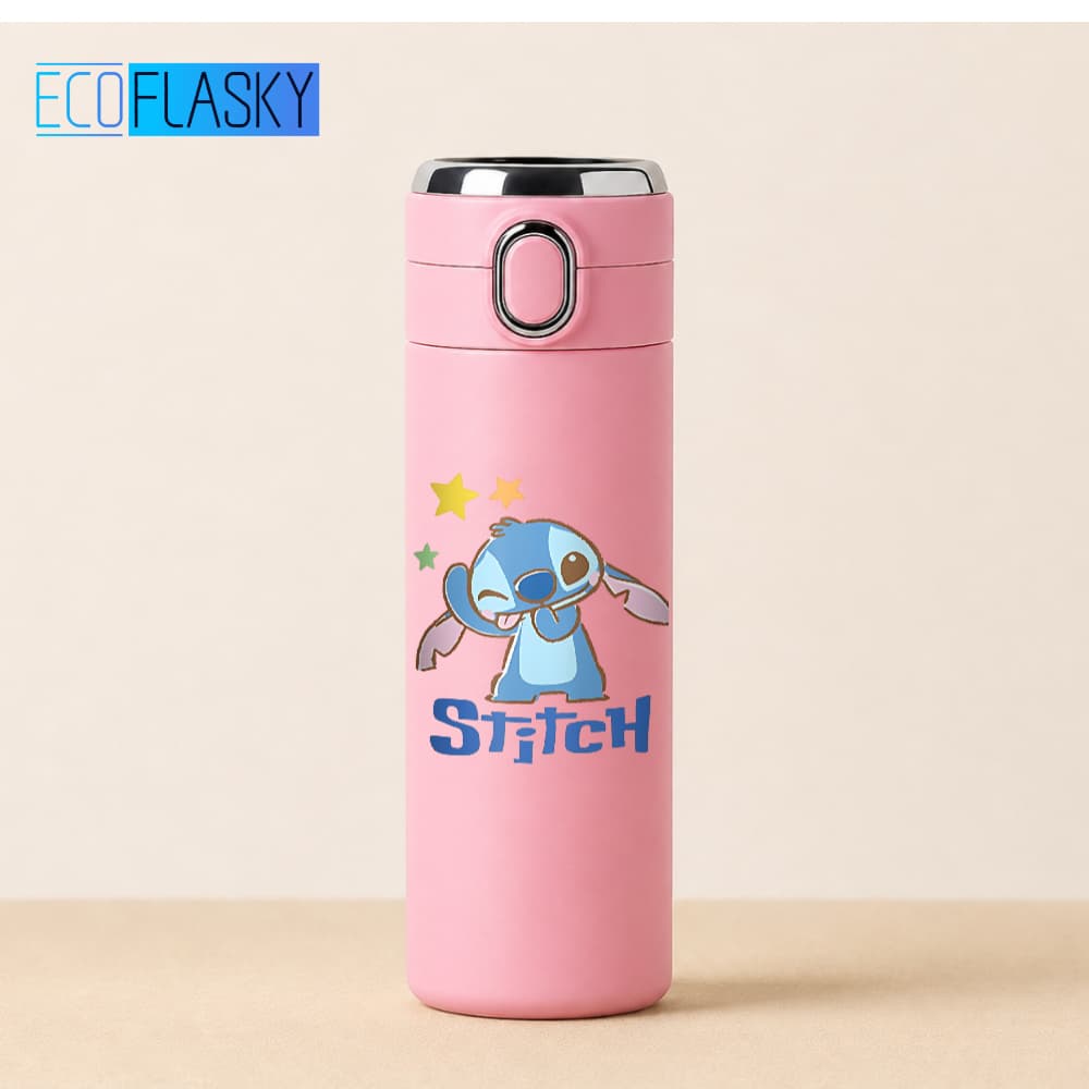 Garrafa Térmica Infantil Stitch De Aço Inoxidável com Termometro LED Digital 420ml Estampada