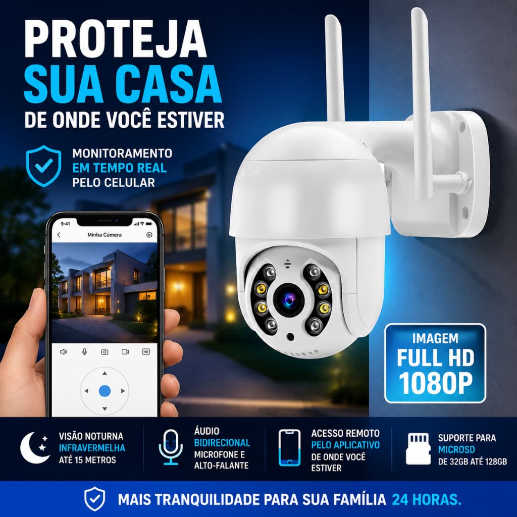 Câmera Segurança WiFi IP Full HD 1080P 2 Antenas Visão Noturna Áudio Bidirecional RJ45 Acesso Remoto MicroSD