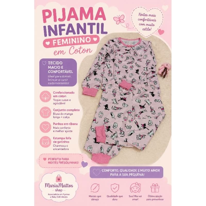 PIJAMA COTTON CONJUNTO MANGA LONGA INFANTIL MENINA,PUNHO EM RIBANA, PREMIUM,.