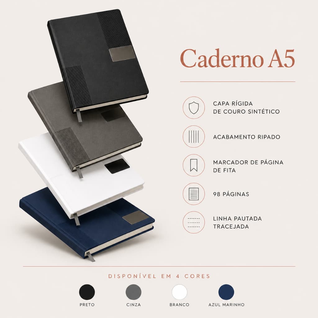 Caderno Tamanho A5 Bloco Agenda Capa de Couro Com Placa de Metal Pautado