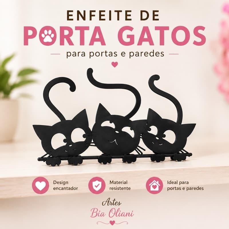 Enfeite Decorativo Gatos Para Porta Parede Impressão 3D Decoração Moderna Preto