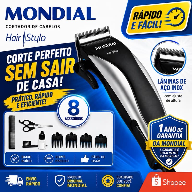 CORTADOR DE CABELOS MONDIAL HAIR STYLO 8 ACESSÓRIOS