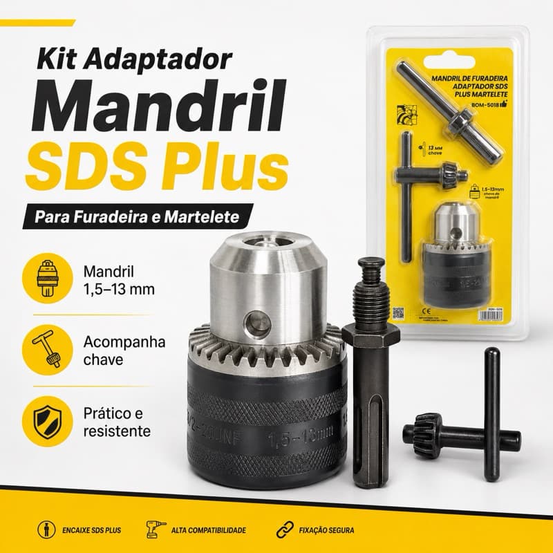 Kit Mandril 13mm com Chave e Adaptador SDS Plus para Martelete e Furadeira