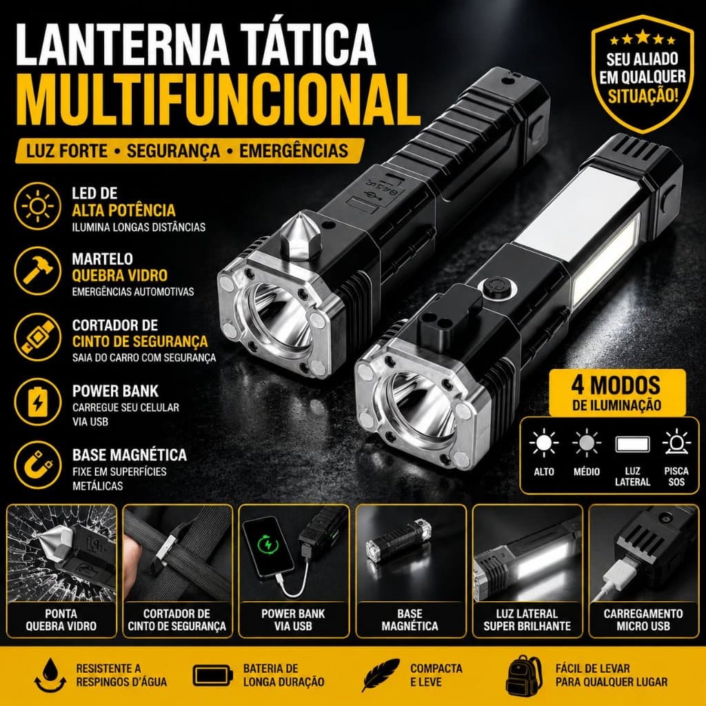Lanterna Tática LED Recarregável Potente USB Martelo Quebra Vidro Power Bank Corta Cinto Emergência Camping Luz Forte