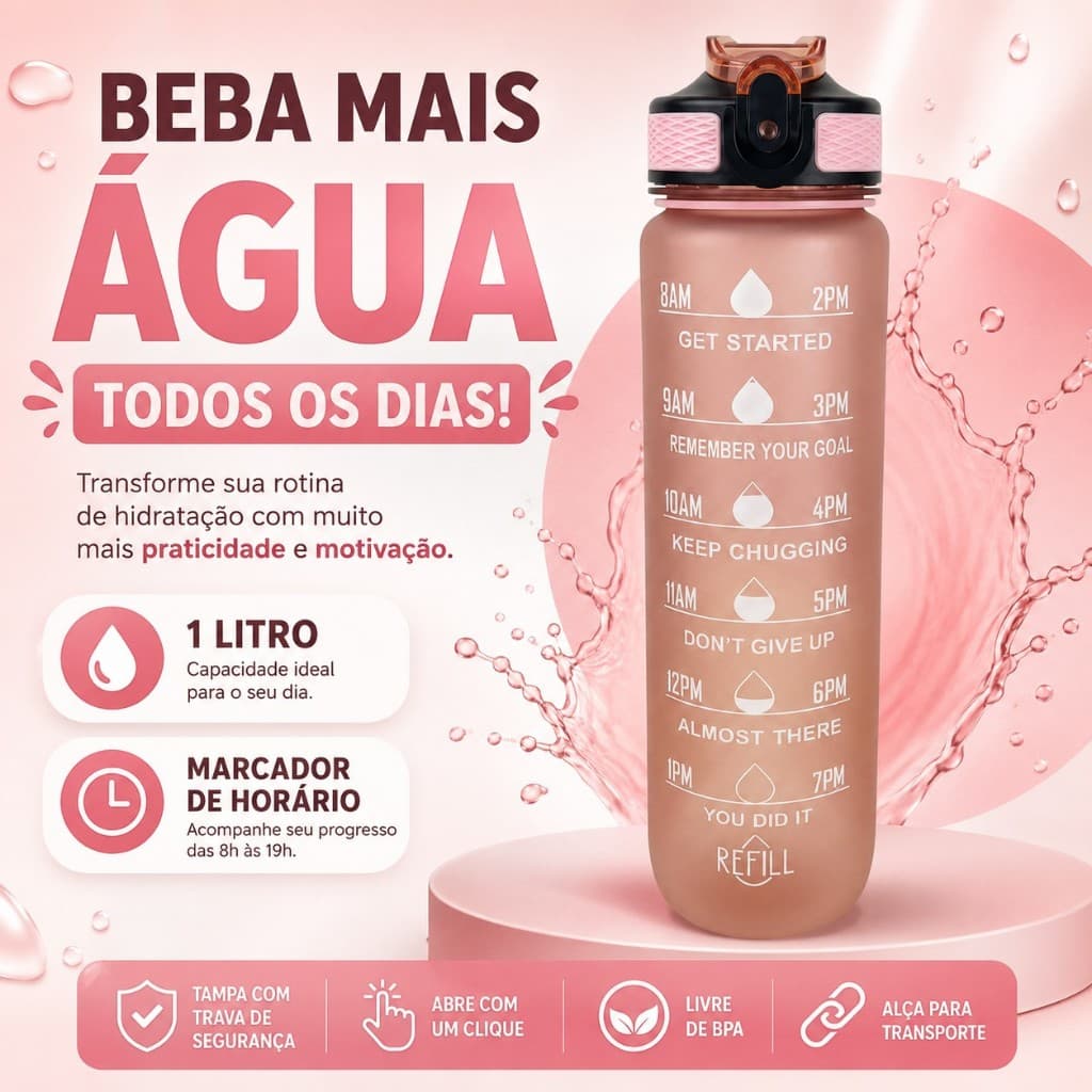 Garrafa de Água Motivacional 1 Litro com Marcador de Horário BPA Free Trava Segurança Rosa