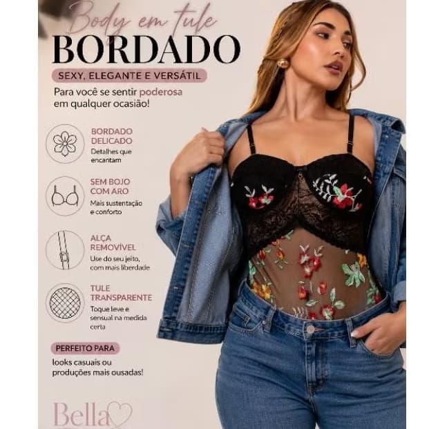 Body feminino em tule bordado sem bojo com aro e alça removível  body sensual moda femimina