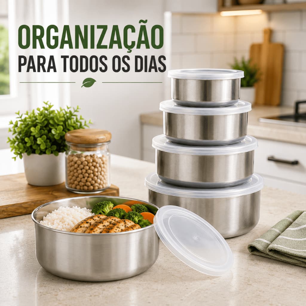Conjunto 5 Potes Herméticos Inox Redondos Com Tampa Para Alimentos Cozinha E Geladeira