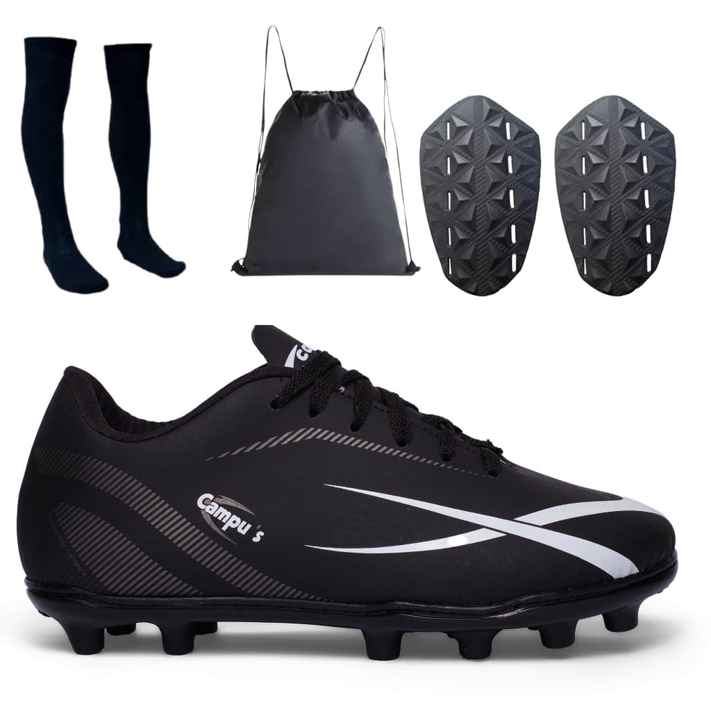 Kit Chuteira CampoTRAVA  Masculina com Caneleira e Meião Mochila Futebol costurada PROFISSIONAL
