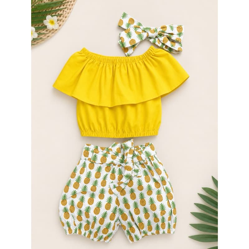 Conjunto Infantil Verão Abacaxi – Blusa Ciganinha + Short + Faixa Laço