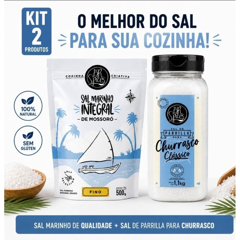 Kit Sal Marinho Integral 500g + Sal de Parrilla 1,1kg BR Spices 100% Natural Churrasco Cozinha