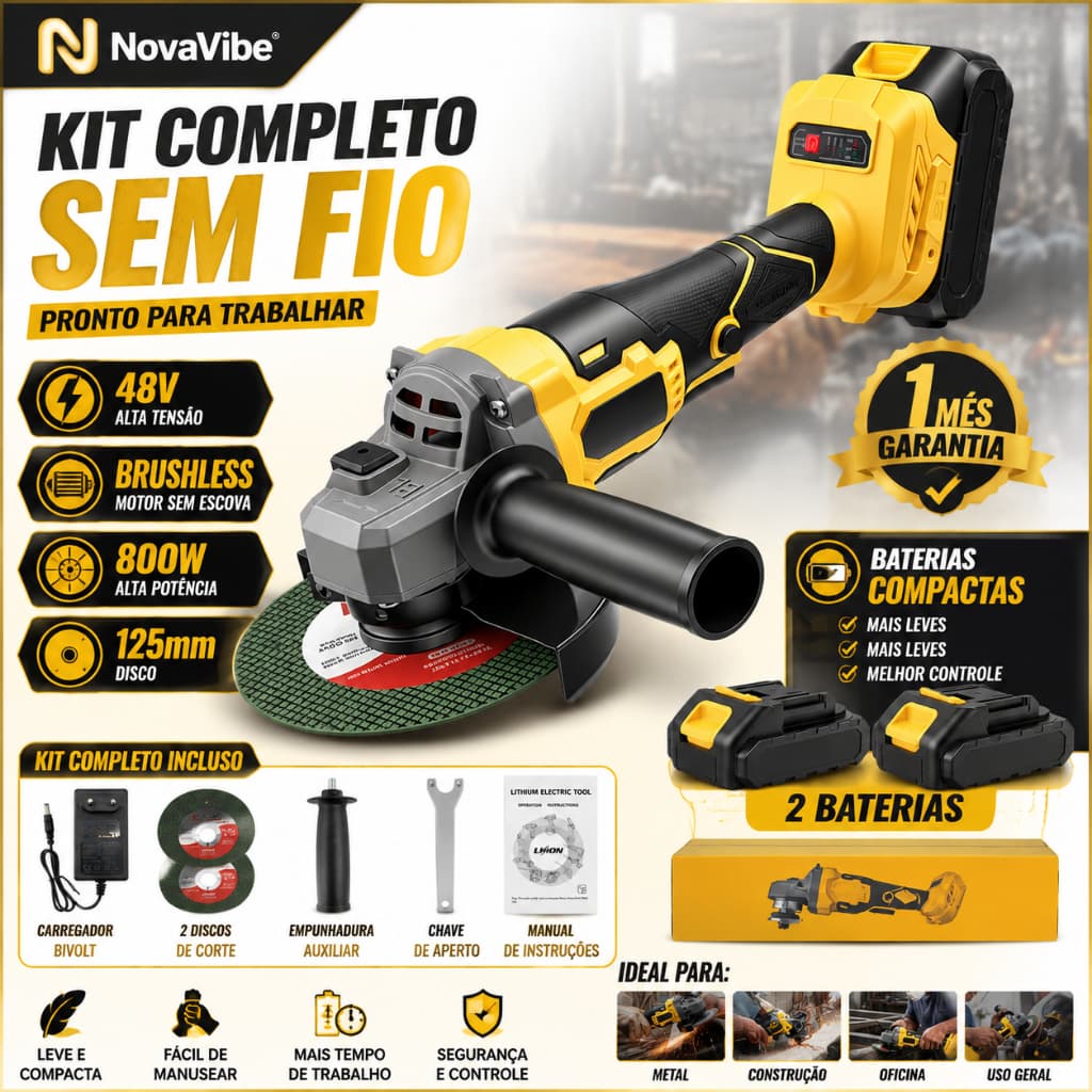 Esmerilhadeira Sem Fio 48V Brushless 800W 125mm com 2 Baterias Kit Completo para Corte e Desbaste