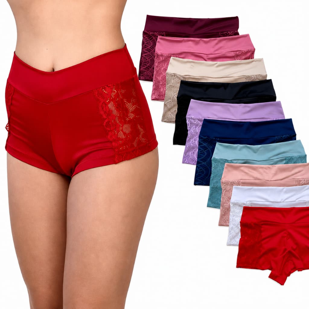 Kit 5 Cuecas Femininas Short Cós Alto Com Renda Cintura Alta