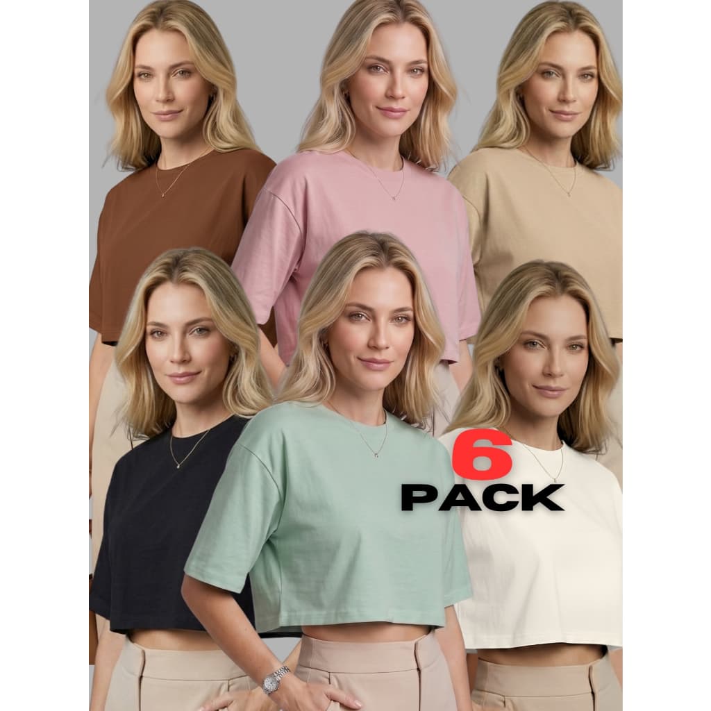 Kit 6 Camisetas Cropped Feminina Oversized 100% Algodão T-Shirt Básica Manga Curta Soltinha