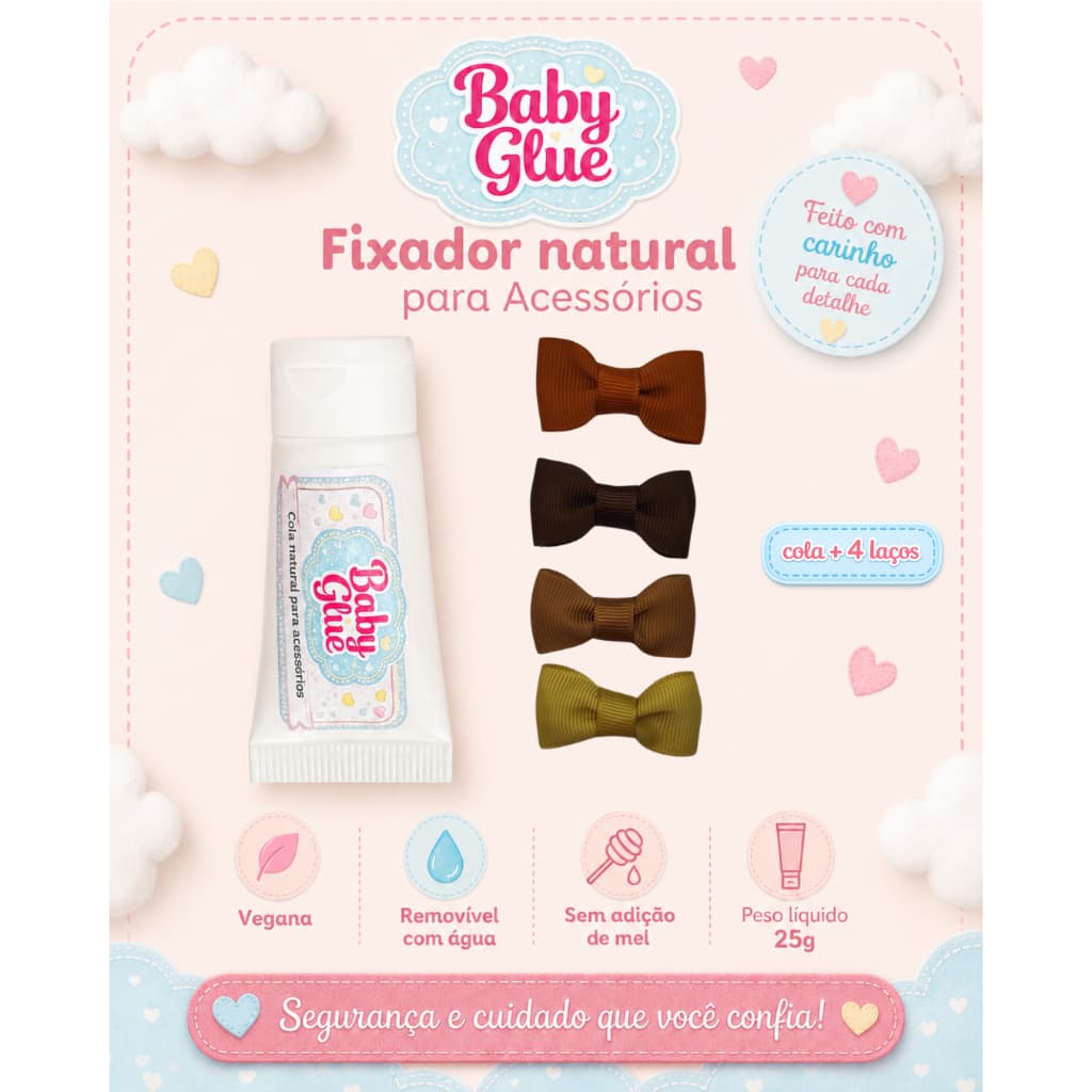 Kit Baby Glue Cola para Laço de Bebê + 4 Laços em Tons de Marrom para RN Menina Sem Cabelo