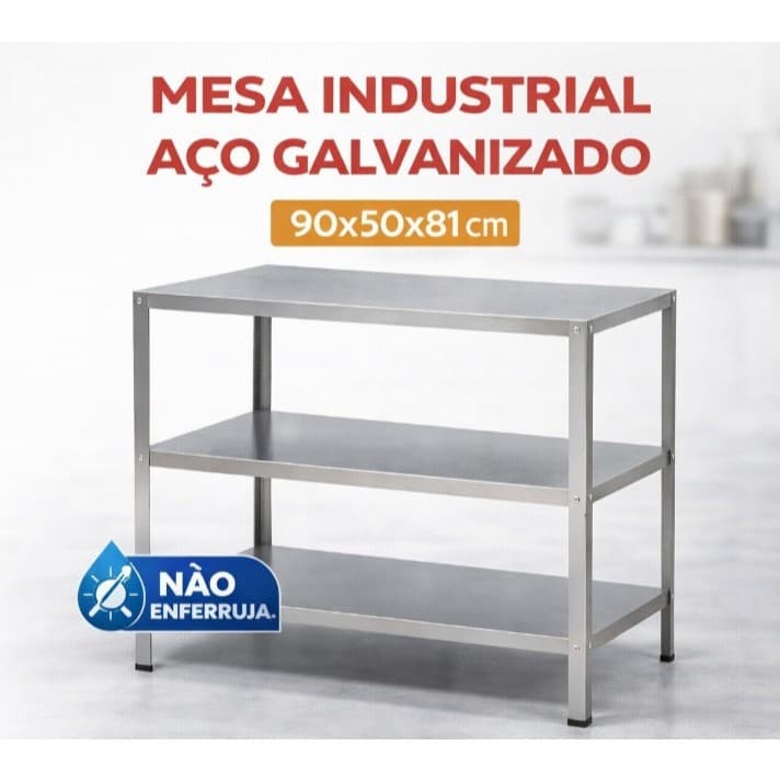 Mesa Auxiliar Industrial de Aço com 3 Bandejas para Cozinha, Restaurante, Padaria, Açougue e Oficina