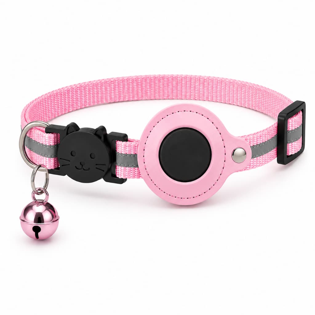 Coleira Pet Gato Nylon Refletiva Guizo com Case P/ Airtag - *** ATENÇÃO: Não acompanha o rastreador ***