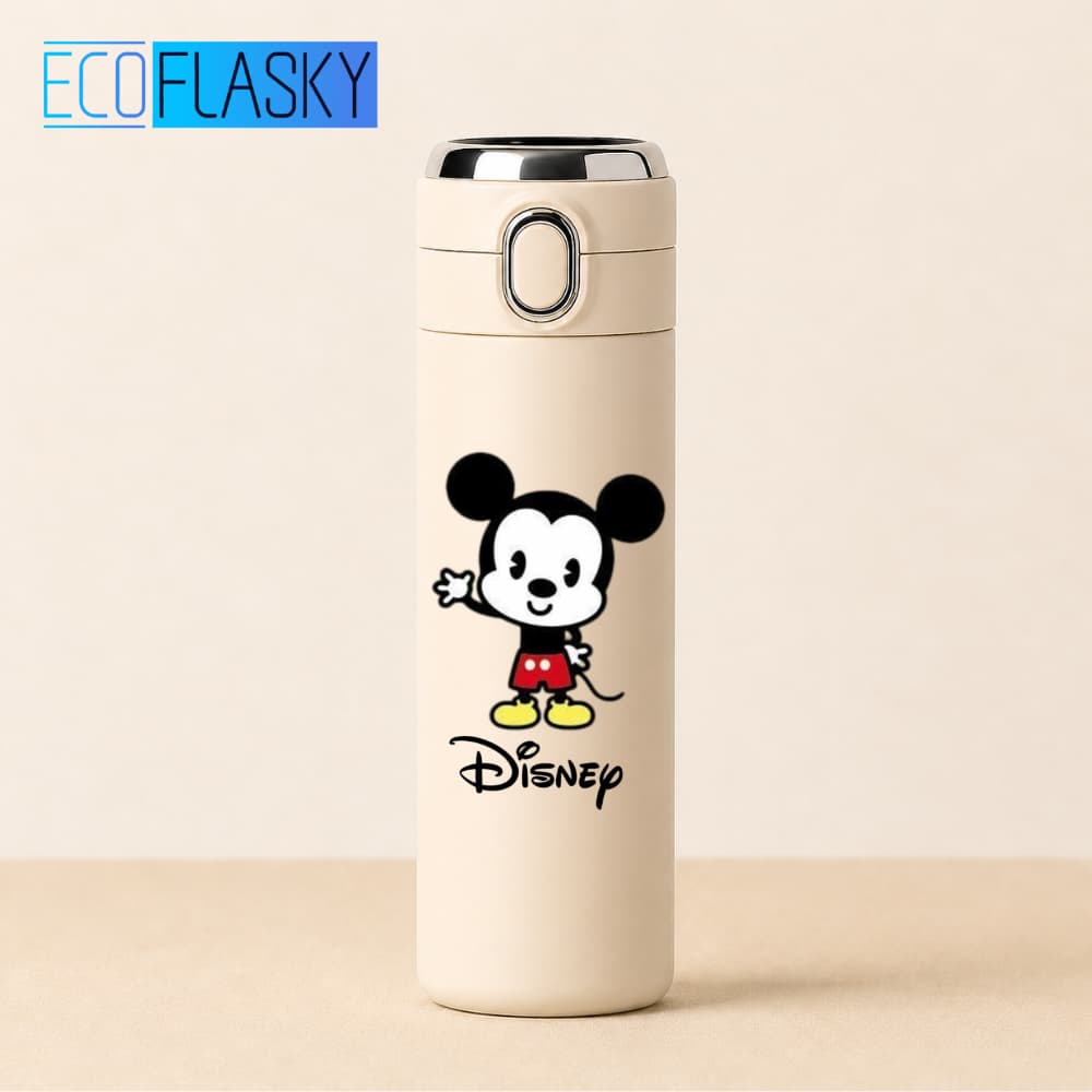 Garrafa Térmica Infantil Aço Inox Mickey Disney com Termometro LED Digital Temperatura 420ml Presente