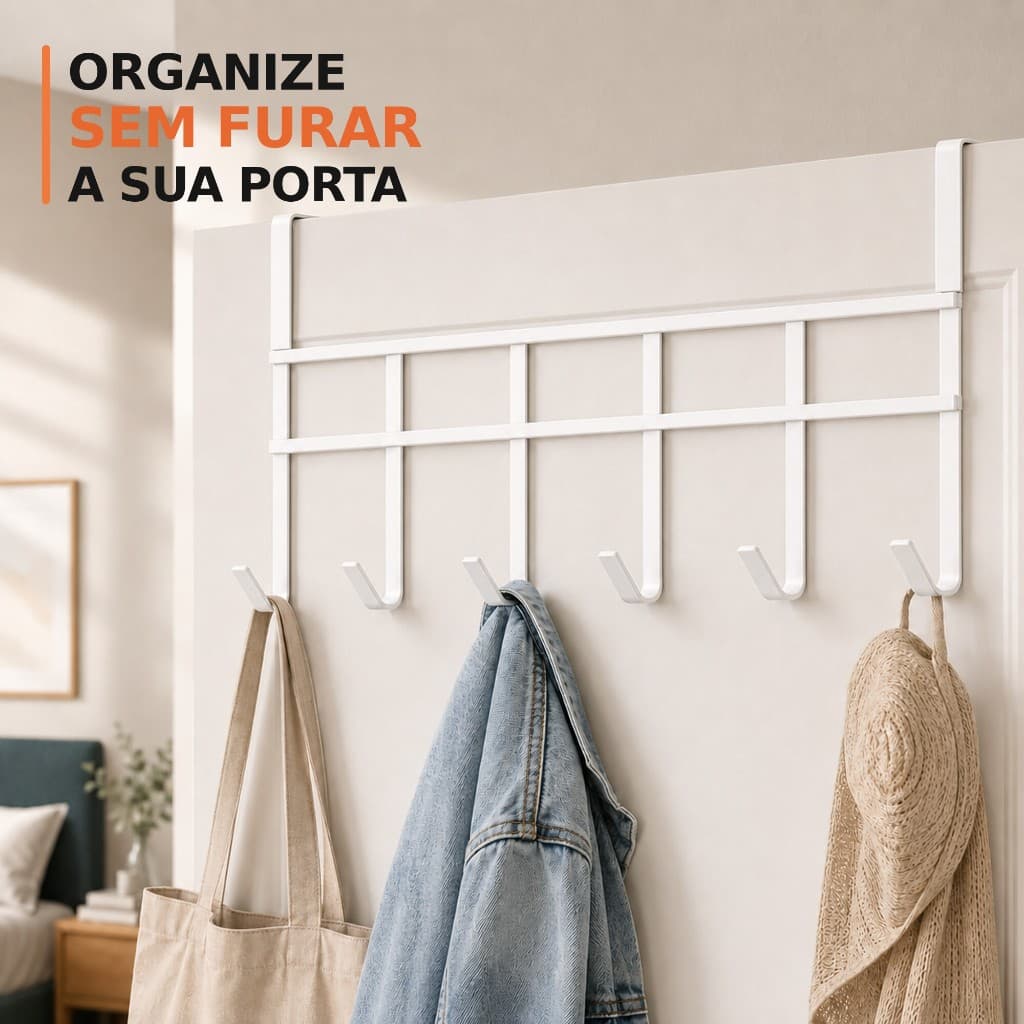 Suporte Cabideiro Porta 6 Ganchos Pendurar 45x17cm Organizador Multiuso Quarto Banheiro Cozinha