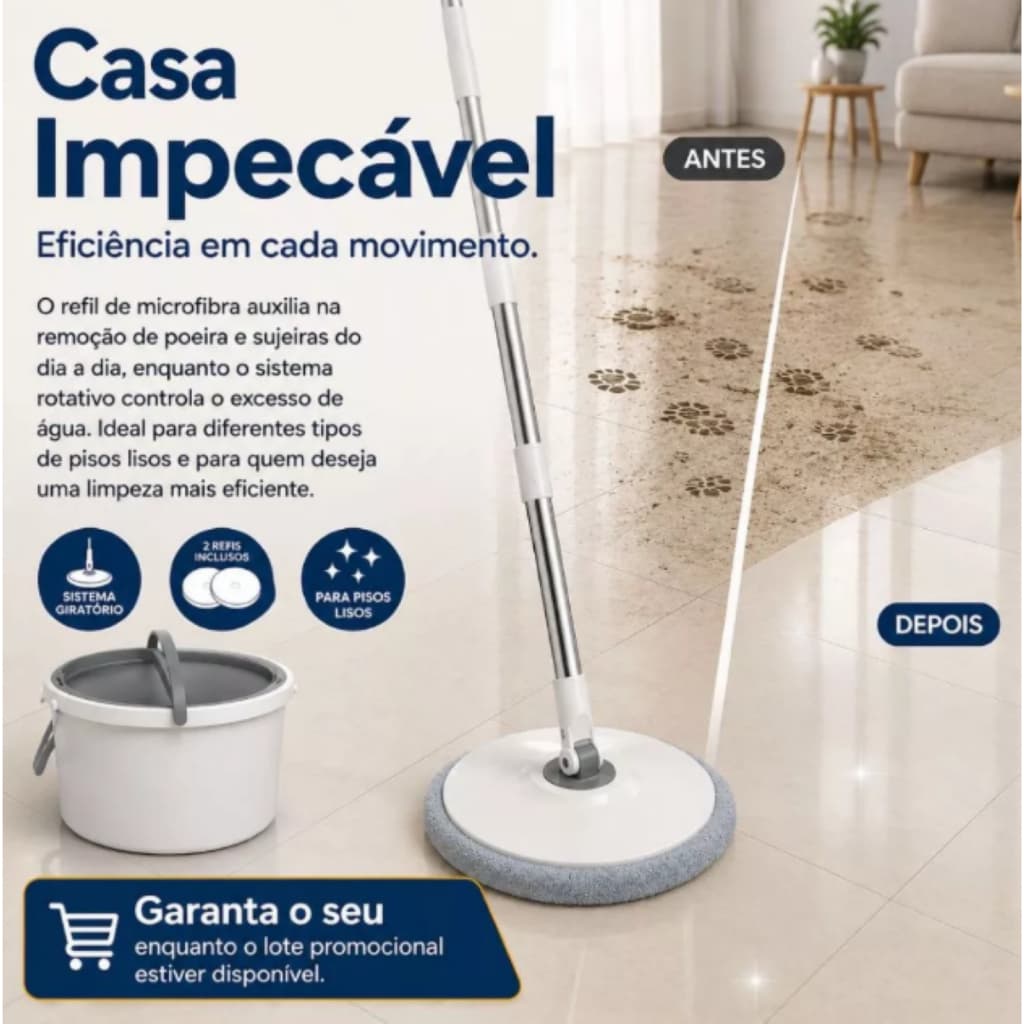 Esfregão Mop Giratório 360° com Balde Separador de Água e 2 Refis Laváveis