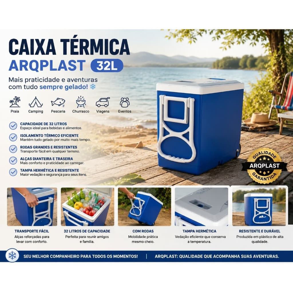 Caixa Térmica Arqplast 32L com Rodas e Alça Cooler para Praia Camping Churrasco