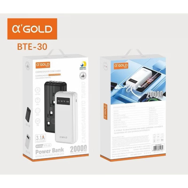 Carregador portátil 20000 mAh Power Bank bateria externa original Agold com visor e lanterna BTE-30