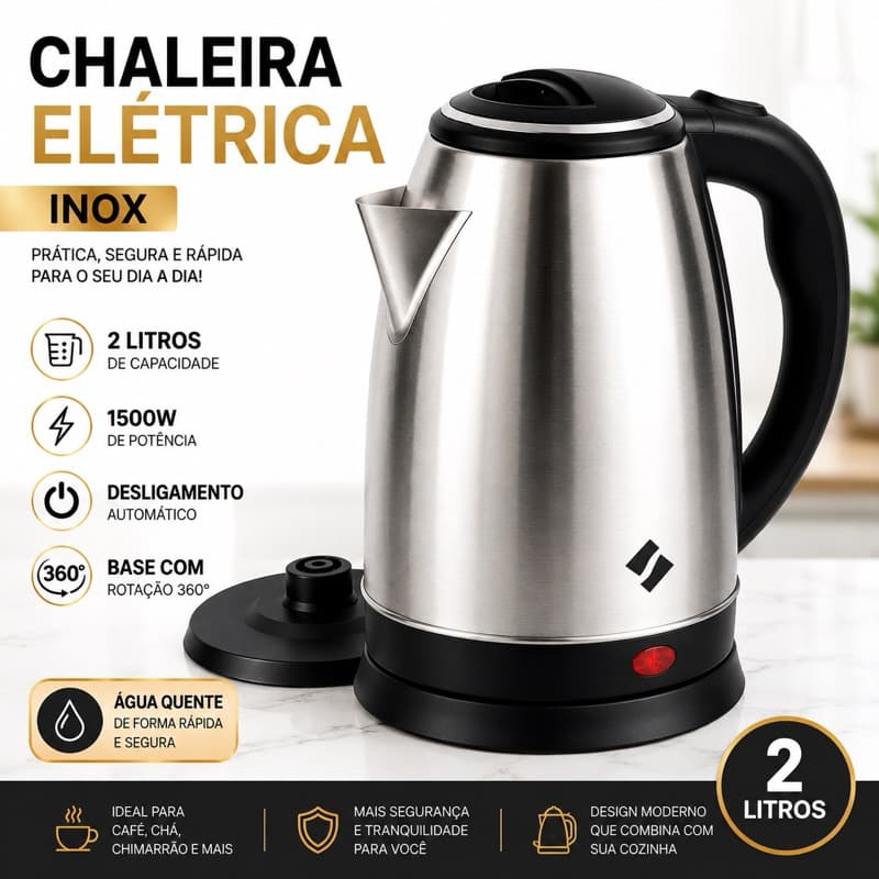 Chaleira Elétrica Inox 2L 220V 1500W Base 360° Desligamento Automático