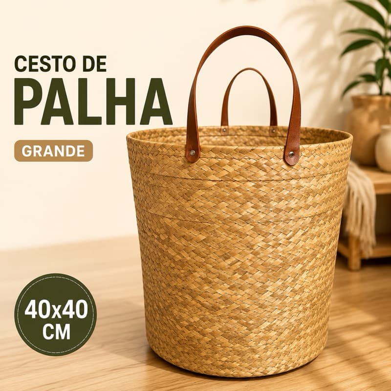 Cesto de Palha 40x40 com Fundo MDF e Alça de Couro Caramelo – Grande e Resistente Decorarivo