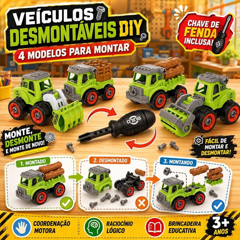 Kit 4 Veículos de Construção DIY Brinquedo de Montar e Desmontar com Chave de Fenda