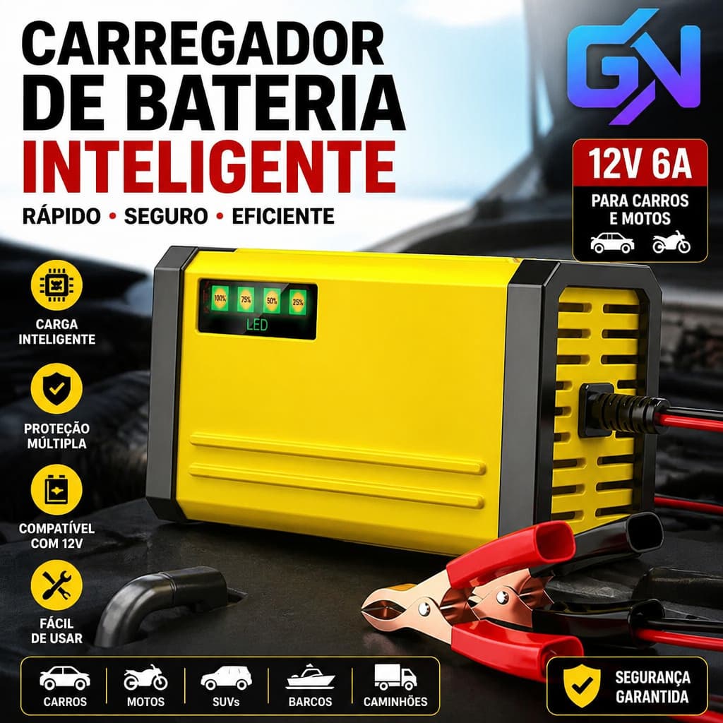Carregador Bateria Veicular 12V 2A-3A Inteligente Para Carro Caminhão Manutenção Automática