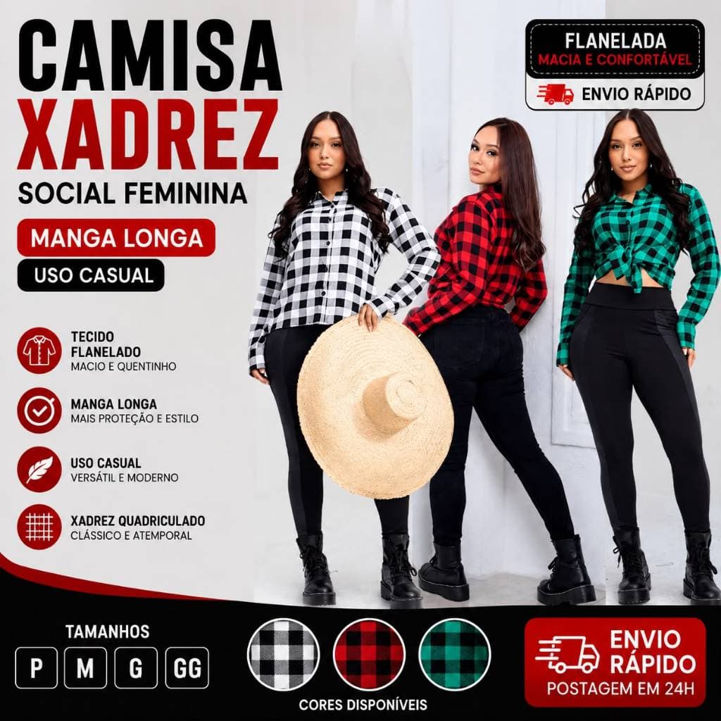 Camisa Social  Feminina Xadrez uso casual sem Capuz MANGA TENDENCIA ENTREGA RAPIDA