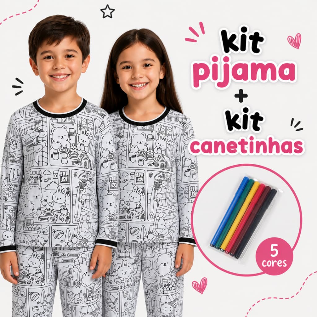 Kit 1 Pijama Infantil Longo para Colorir + 1 Kit Canetinhas