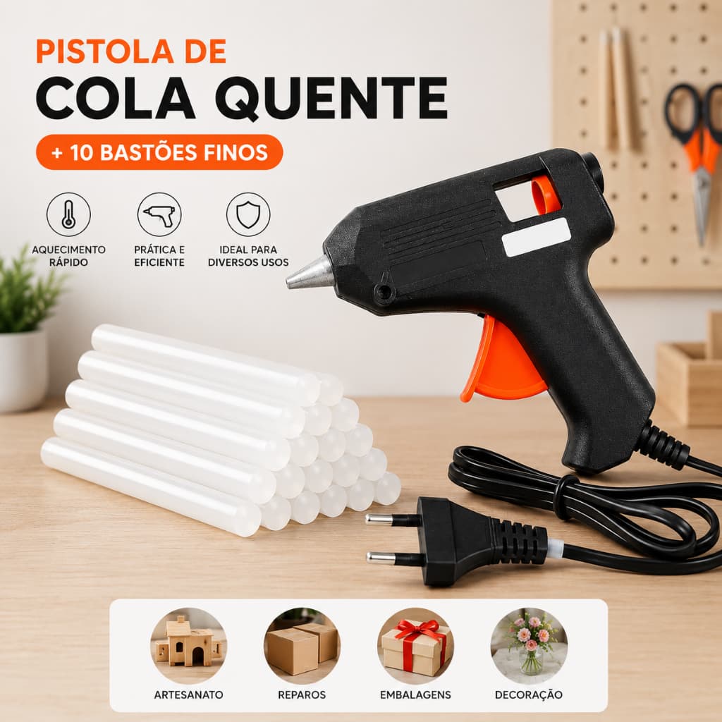 Pistola De Cola Quente Pequena Bivolt + 10 Bastões De Cola Quente Fino