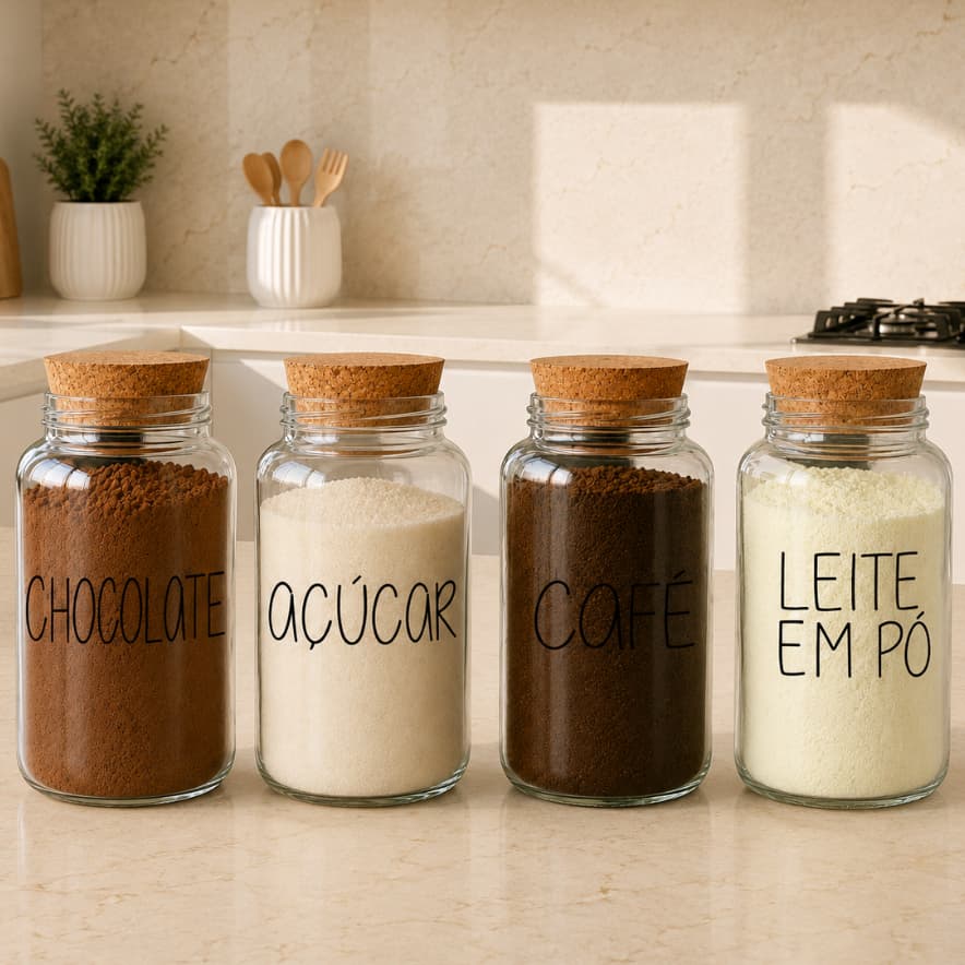Kit Cantinho do Café | Café, Açúcar, Leite em Pó, Chocolate | 4 Potes de Vidro | Mantimento