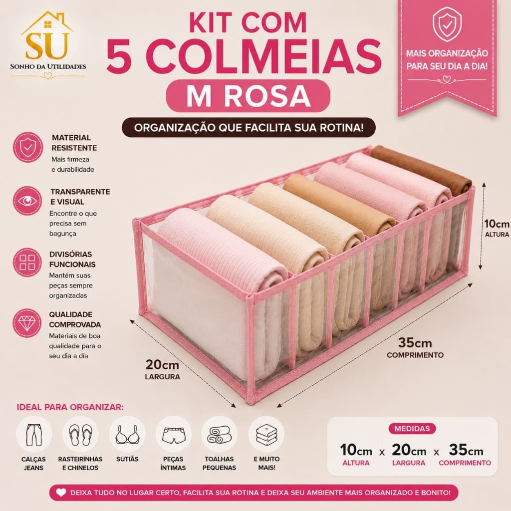 kit com 5 Colmeia Tamanho M (20x10x35) transparente/Rosa