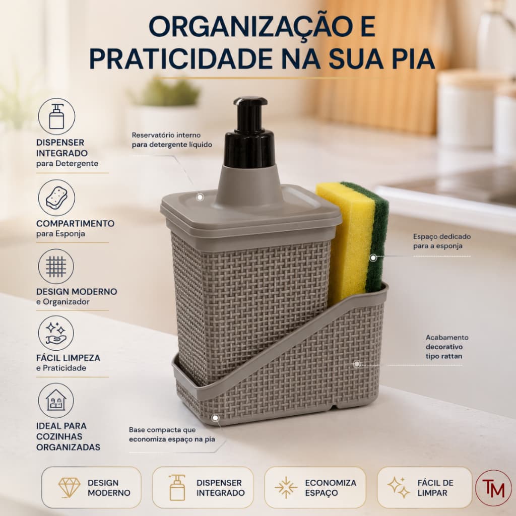 Porta Detergente com Dispenser Porta Esponja Organizador de Pia Cozinha Rattan Cinza Resistente