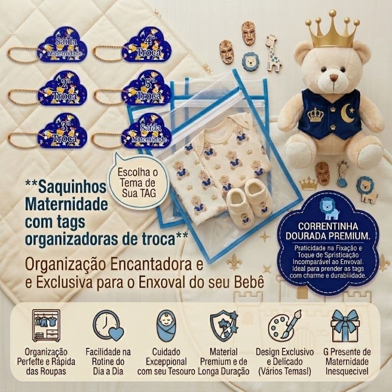6 Unid. ou 3 Unid. Saquinhos Mala Maternidade Bebê Com Tag Vários Temas Identificação de Troca