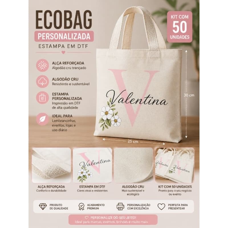 Kit 50 Ecobags Personalizadas 25x30cm em Algodão Cru | Alça Reforçada | Estampa DTF