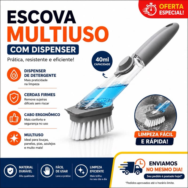 Escova de Limpeza Multiuso com Dispenser de Sabão 40ml Lava Louças Panelas Pia Cozinha Cerdas Resistentes