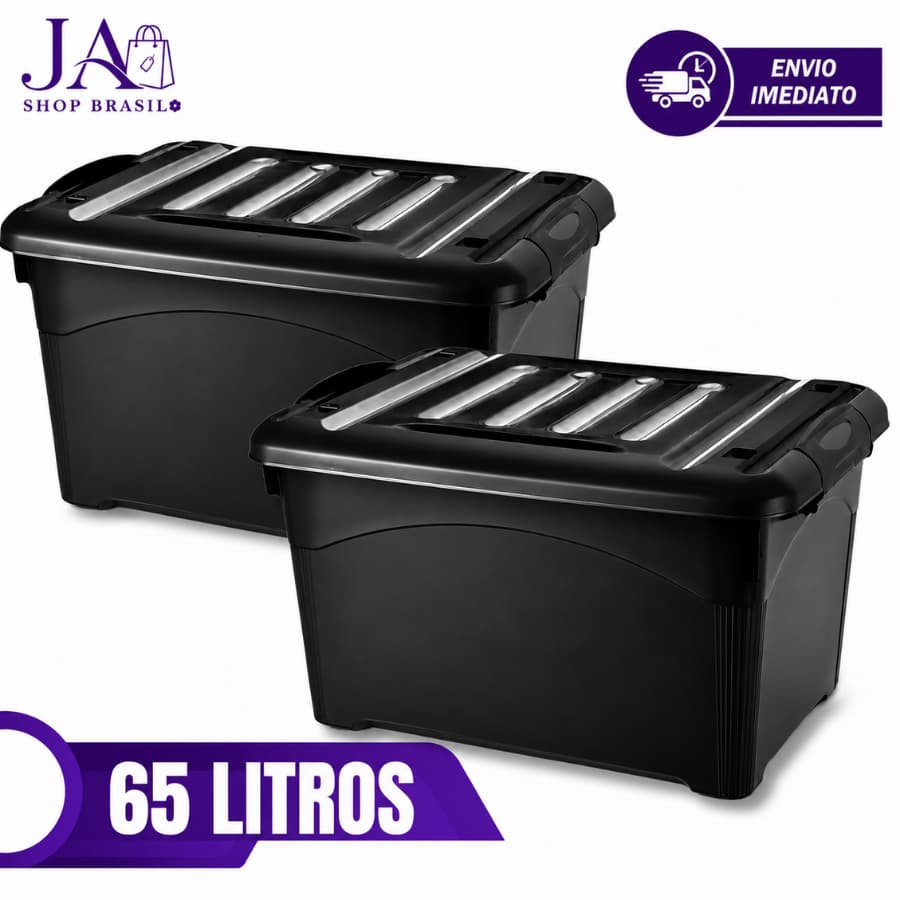 Kit 02 Caixas organizadoras 65 Litros De Plástico Preta Com Travas e Rodinhas Para Transporte