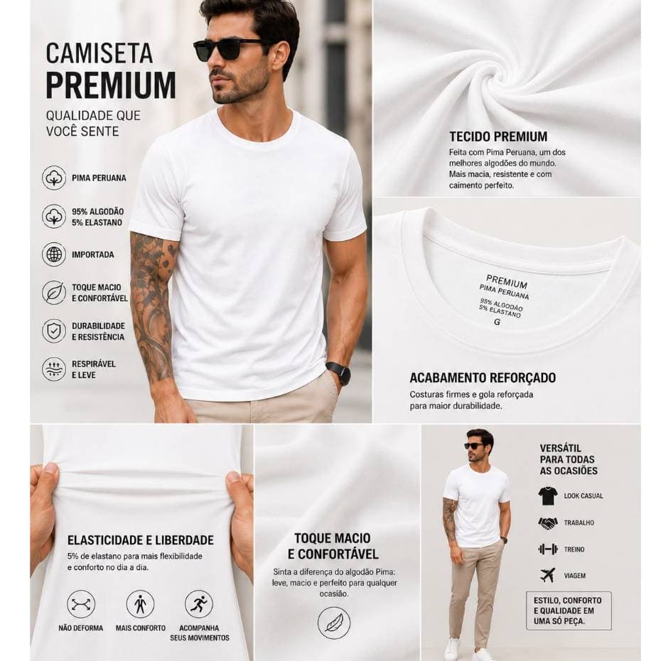 Camiseta Masculina Premium Pima Peruana Branca Reveillon 95% Algodão 5% Elastano Importada Slim Fit