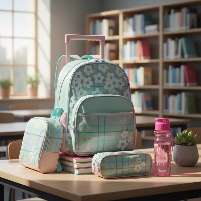 Kit Mochila De Rodinhas Lancheira Estojo E Garrafinha Flores