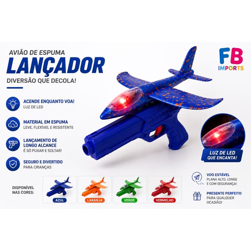 Lançador de Avião de Espuma com Luz LED 24cm  | Planador Infantil para Crianças