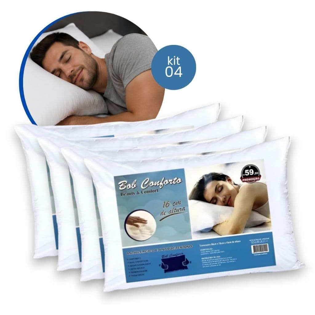 Kit Com 4 Travesseiros Premium Conforto e Luxo Suporte Firme Alto Tecido 100% Algodão 50x70
