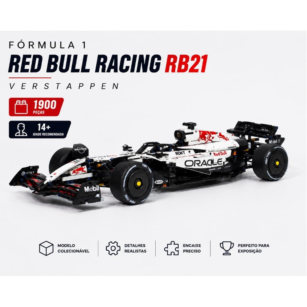 Bloco de Montar Fórmula 1 Red Bull Racing RB21 Max Verstappen 1900 Peças com Suporte para Parede