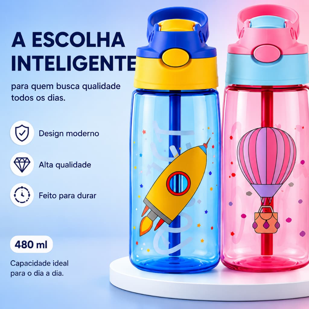 Garrafinha squeeze Infantil 480ml com Canudo Flip para Escola e passeio Menino e Menina