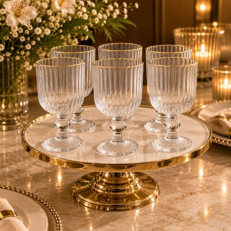 Conjunto Jogo 6 Taças de Água Borda Dourada Vidro Canelado 340ml Versalhes Gold Lehavi Sofisticada Enxoval Decorativa
