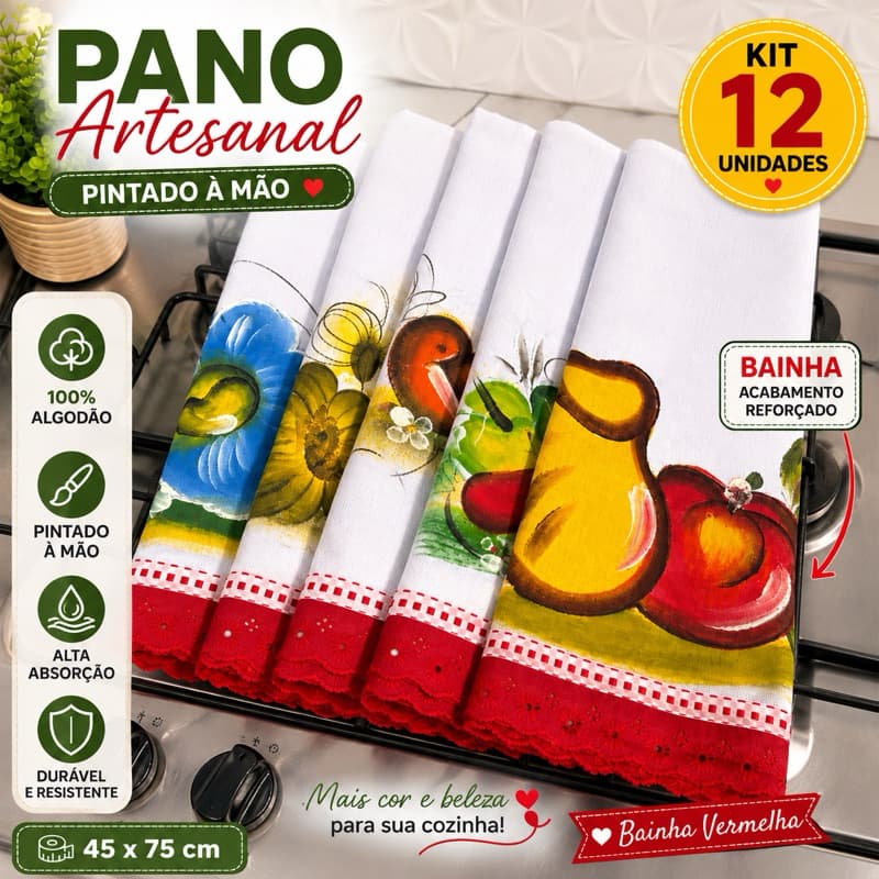Pano de Prato Artesanal Decoração e uso Domestico Pintado a mão 45x75cm