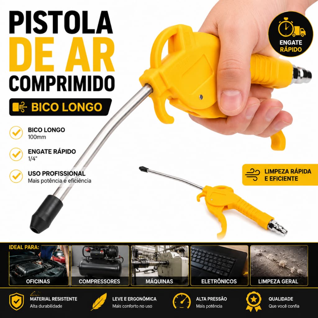 Pistola Bico Ar Comprimido Longo Limpeza  Engate Rápido