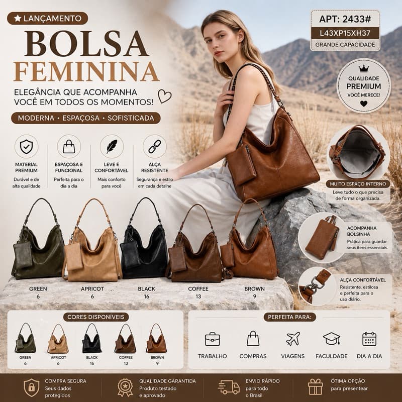 Bolsa Feminina Hobo Grande em Couro Sintético  | Bolsa de Ombro Elegante para Trabalho, Faculdade  2433