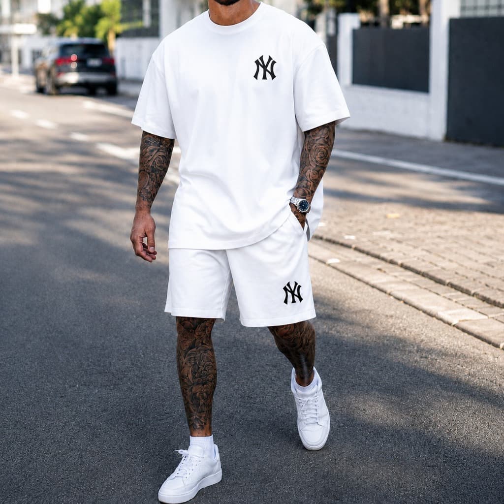 Conjunto Masculino Branco NY Kit Camiseta + Short Moletinho Confortável Streetwear Verão